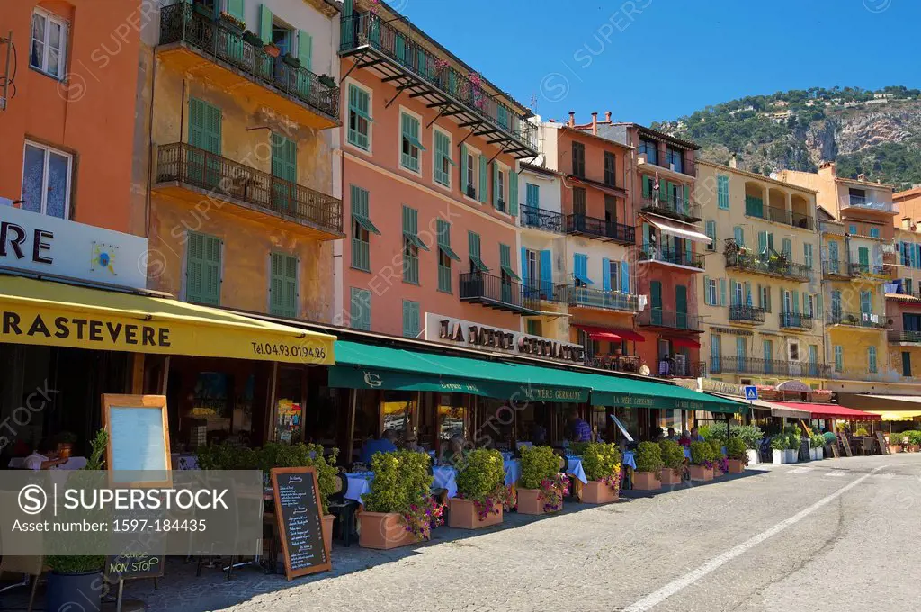 France, Europe, South of France, Cote d'Azur, Villefranche-sur-Mer, house, home, building, construction, architecture, street cafe, cafe, coffee house...
