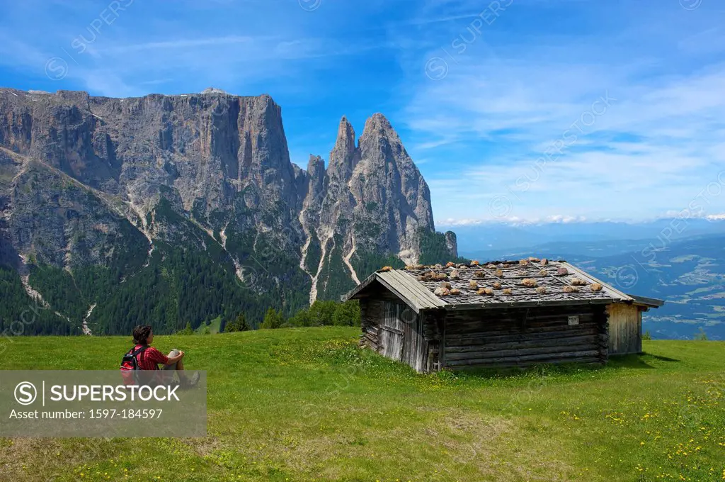 South Tirol, Italy, Europe, Schlern, Seiser Alm, Dolomites, mountain landscape, mountain, mountains, scenery, nature, Trentino, alpine hut, mountain h...