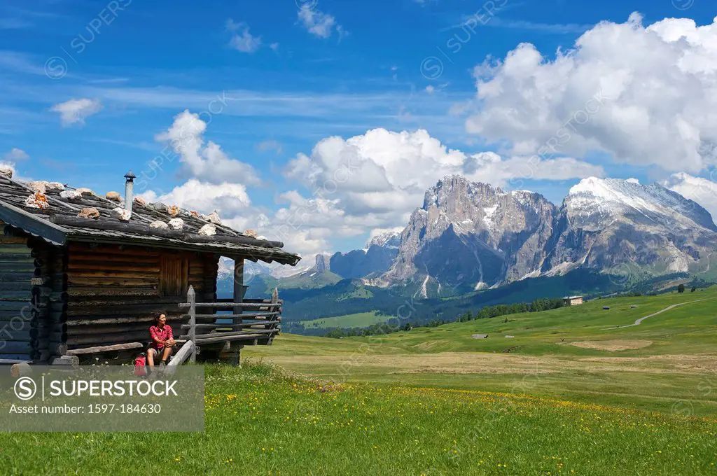 South Tirol, Italy, Europe, Seiser Alm, Langkofel, Dolomites, mountain landscape, mountains, scenery, nature, Trentino, alpine hut, mountain hut, hut,...