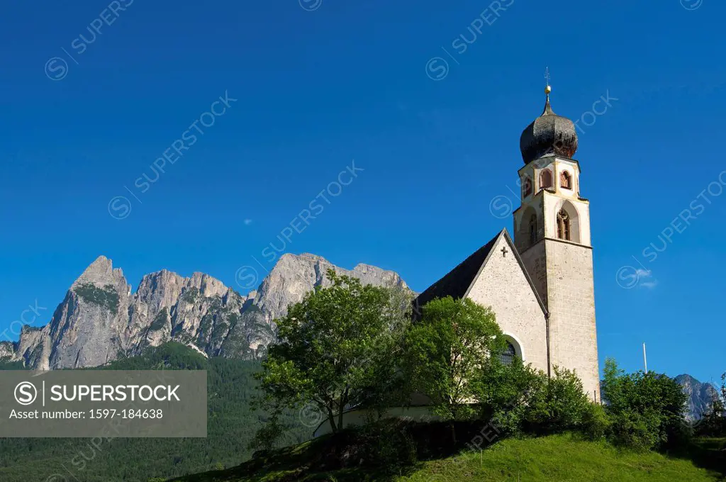 South Tirol, Italy, Europe, church, Dolomites, mountain landscape, mountains, scenery, Seiser Alm, Saint Konstantin, Völs, building, construction, arc...