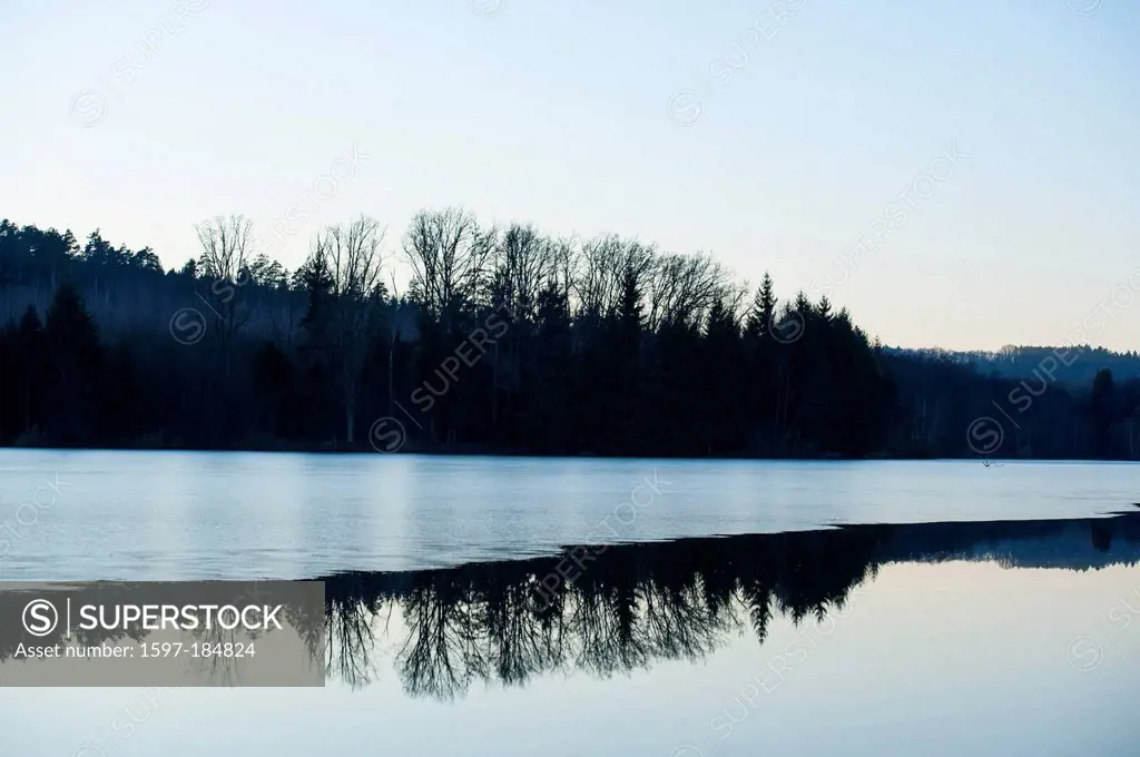 District, Oberwart, Burgenland, Europe, winter, Austria, Rotenturm, fish pond, pond, water, lake, ice, cold, dusk, twilight, dawn, reflect blue, tree,...