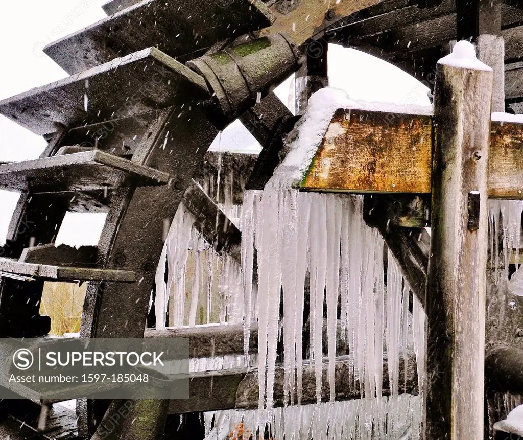 Germany, Franconia, waterwheel, ice, icicle, metal, snow, winter, cold