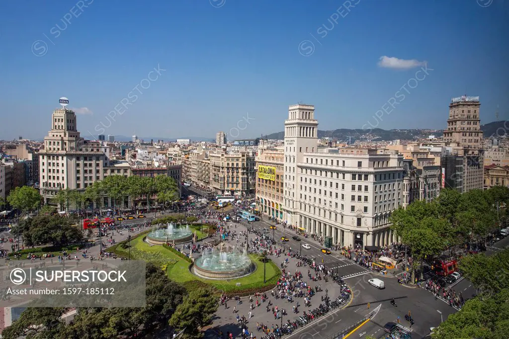 Spain, Europe, Catalonia, Barcelona, City, Square, City, architecture, roman, columns, center, downtown, fountains, people, san Jordi, skyline, touris...