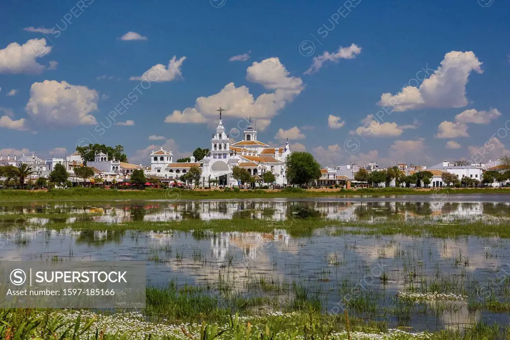 Spain, Europe, Andalucia, Region, Huelva, Province, El Rocio Hermitage, near Coto de Dona Ana, Huelva, architecture, church, colourful, famous, flower...