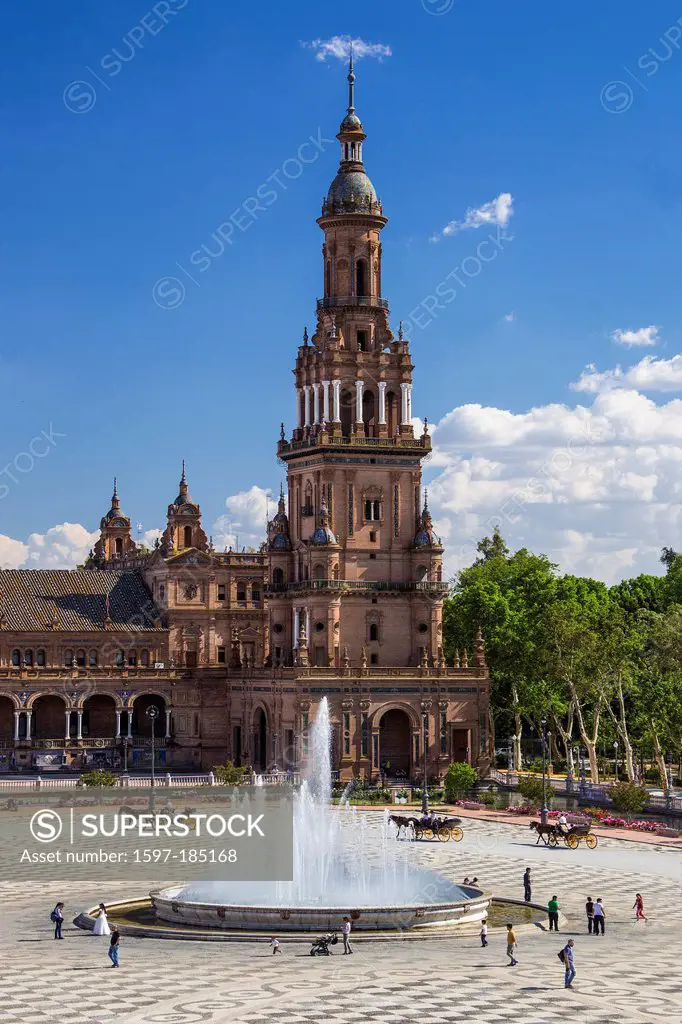 Spain, Europe, Andalucia, Region, Sevilla, City, Espana Square, architecture, colourful, espana, fountain, skyline, square, touristic, tower, travel