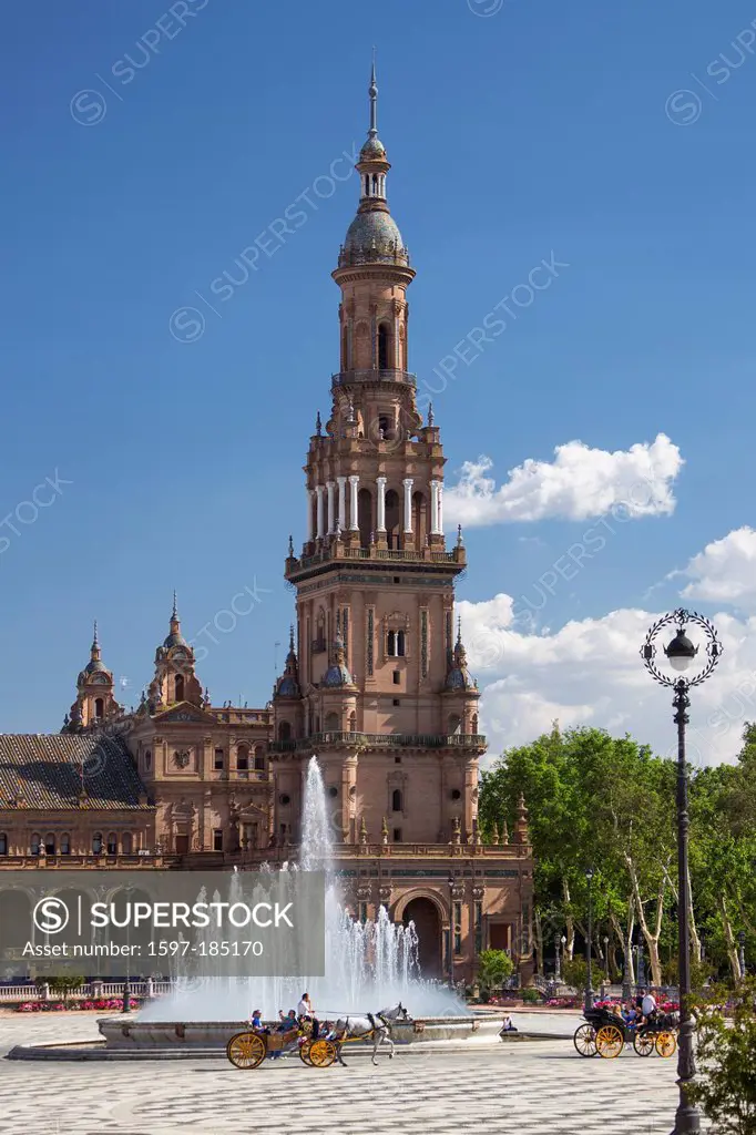 Spain, Europe, Andalucia, Region, Sevilla, City, Espana Square, architecture, chart, colourful, espana, fountain, skyline, square, touristic, tower, t...