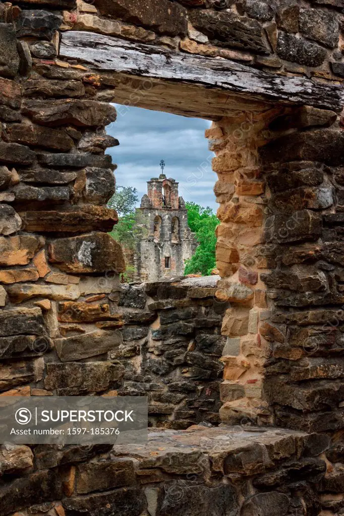 San Antonio, San Juan, Capistrano, mission, stone wall, Texas, USA, window