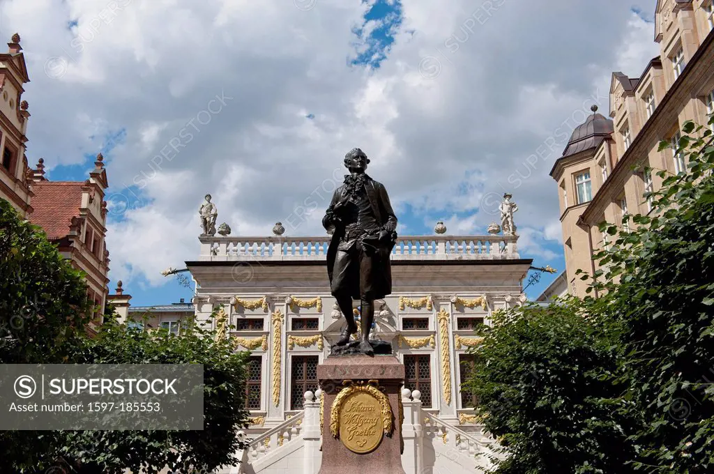 Leipzig, house, home, building, statue, Goethe, old stock exchange, Naschmarkt, Old Town, history, culture, town, city, Germany, Europe, Saxony,