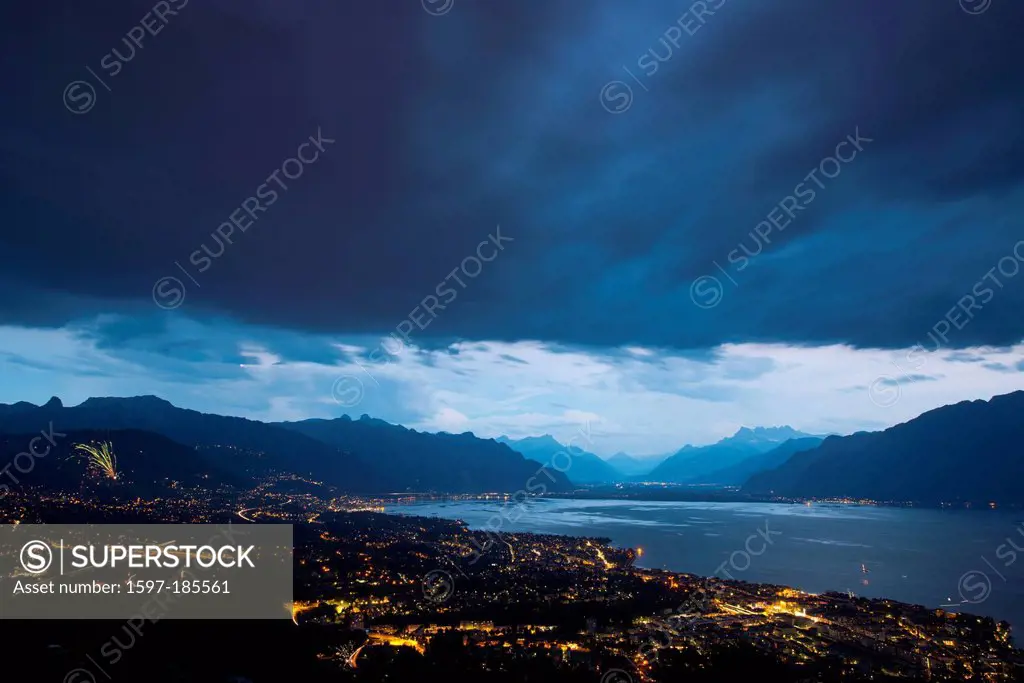 Switzerland, Europe, clouds, Montreux, Vevey, Lac Léman, Lake Geneva, Leman, lake, canton, Vaud, VD, at night, night, evening, fireworks