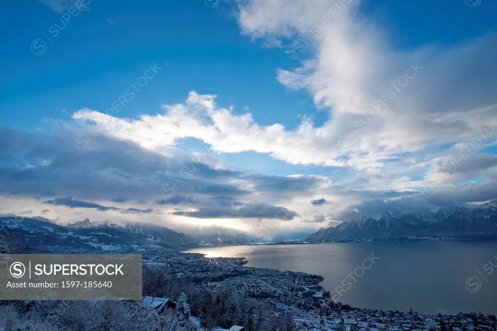 Switzerland, Europe, Vevey, Lac Léman, Lake Geneva, Leman, lake, Vaud, VD, winter, scenery, landscape, cloud, mountain, mountains, town, city, clouds,...