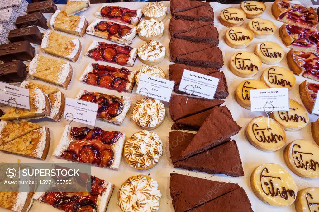 England, London, Southwark, Borough Market, Cake and Patisserie Stall Display