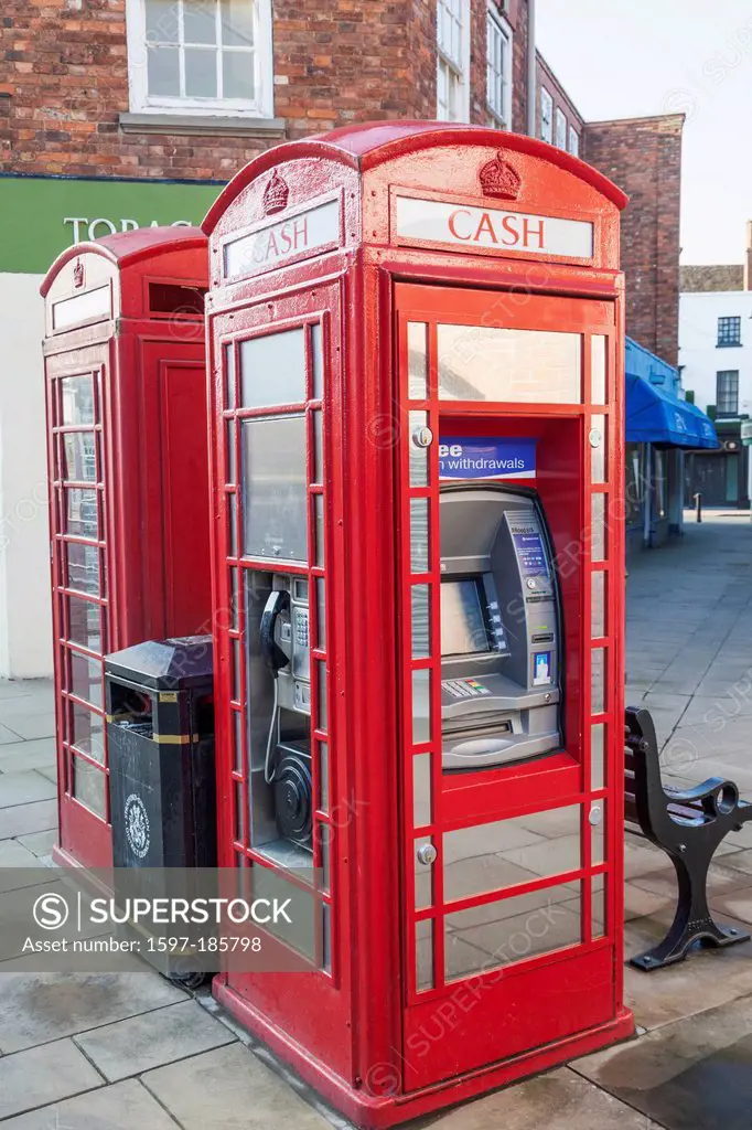 England, Warwickshire, Stratford-upon-Avon, Traditional Telephone Box Converted into Cash Machine