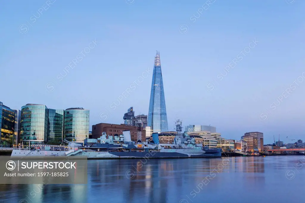 England, London, London Bridge, HMS Belfast and The Shard