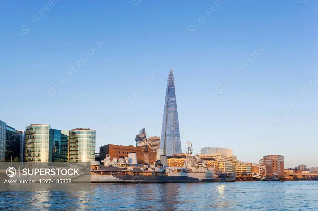England, London, London Bridge, HMS Belfast and The Shard