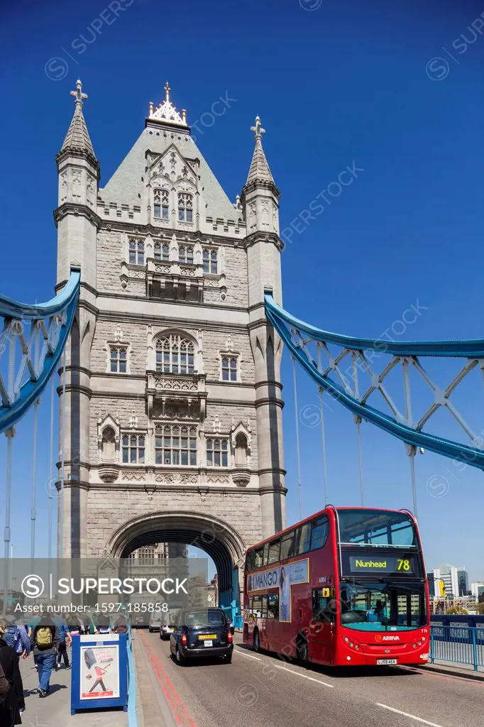 England, London, Southwark, Tower Bridge and Double Decker Bus