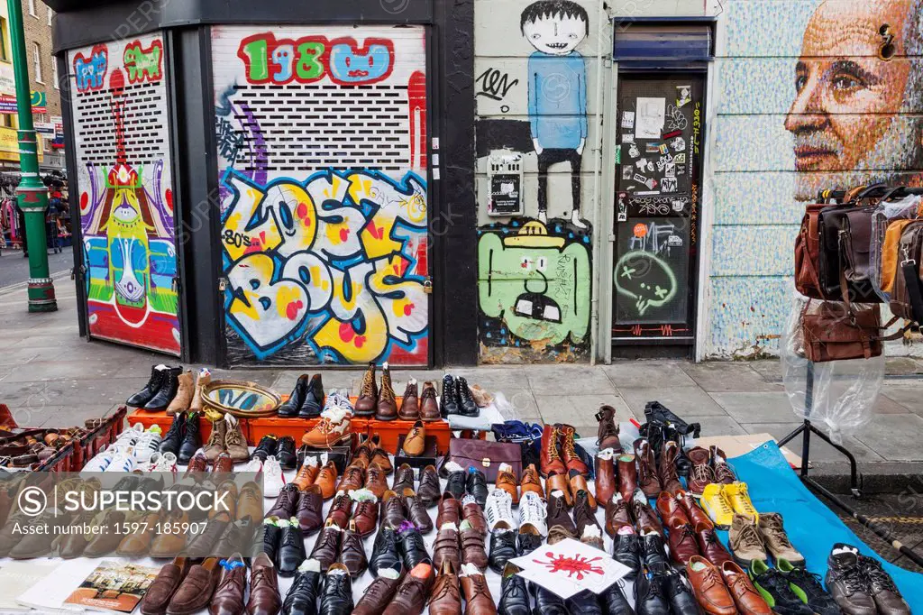 England, London, Shoreditch, Brick Lane, Sunday Flea Market, Display of Second Hand Shoes