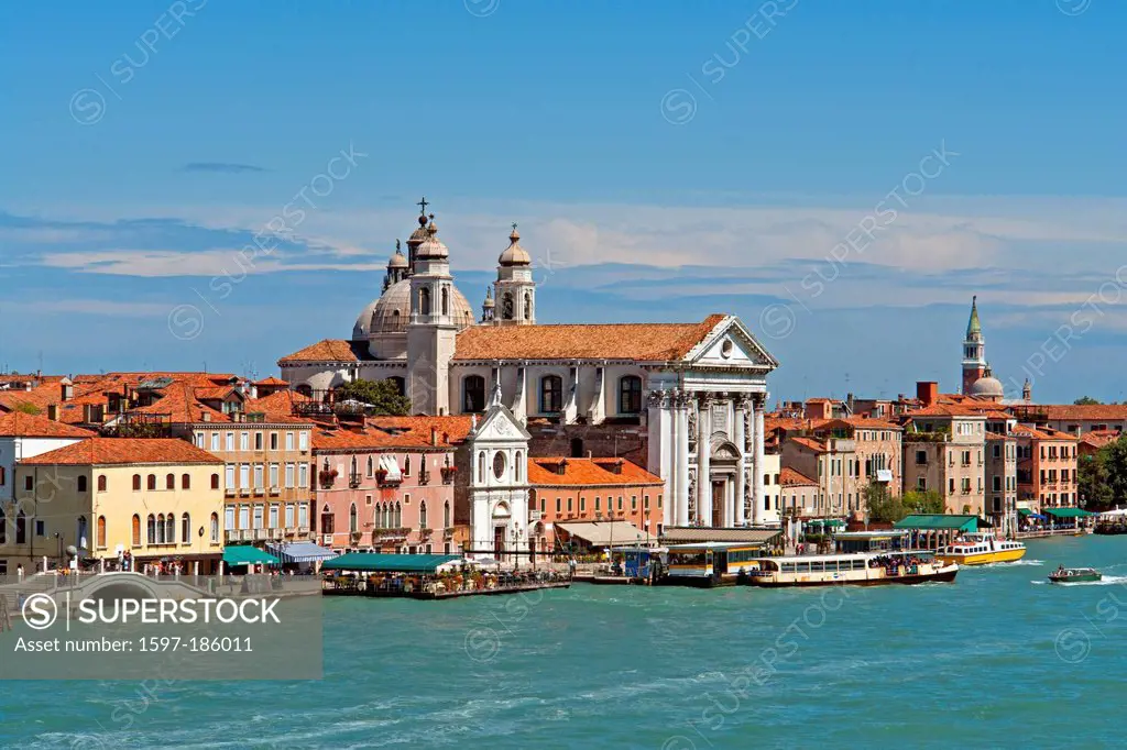 Europe, Italy, IT, Veneto, Venice, Fondamenta Zattere al Ponte Longo, promenade, church, Santa Maria de Rosario, passenger ferries, architecture, vehi...
