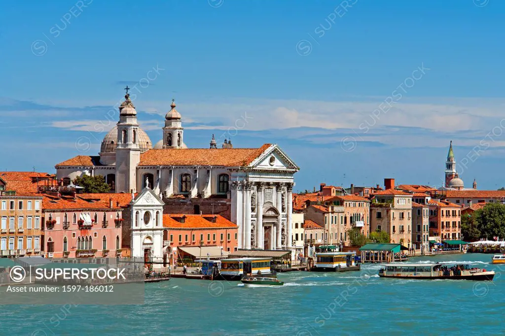 Europe, Italy, IT, Veneto, Venice, Fondamenta Zattere al Ponte Longo, promenade, church, Santa Maria de Rosario, passenger ferries, architecture, vehi...