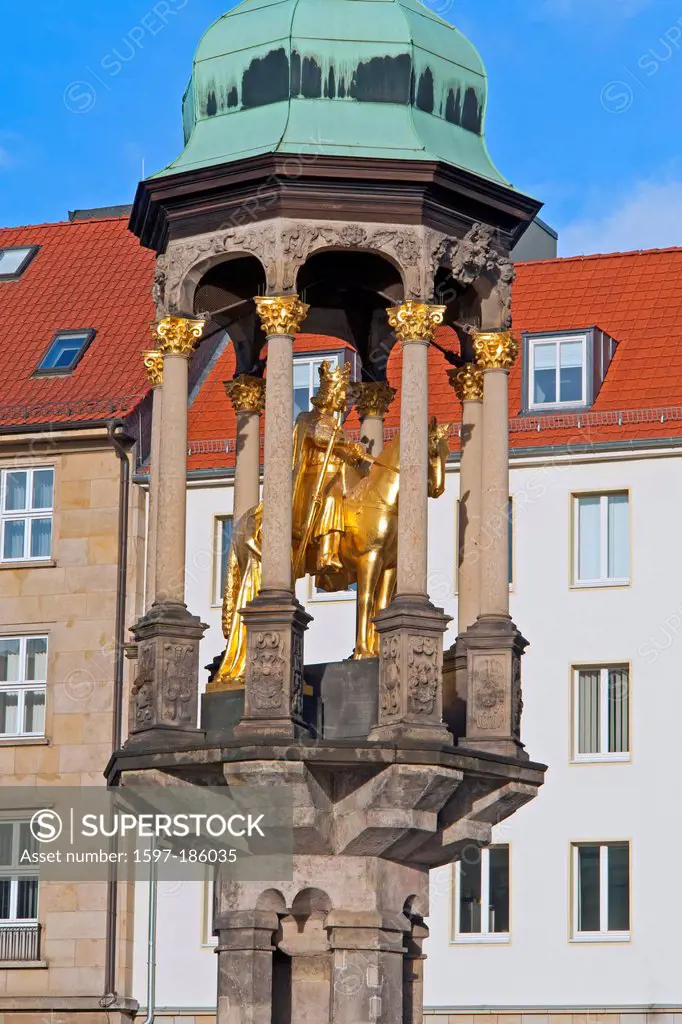 Europe, Germany, Saxony-Anhalt, Magdeburg, old market, Magdeburg rider, building, construction, monuments, detail, historical, places, columns, place ...