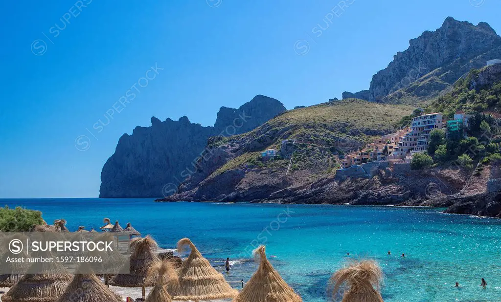 Cala, Cliffs, Formentor, Mallorca, Balearics, bath, beach, blue, island, Mediterranean, parasol, san Vicente, Spain, Europe, touristic, travel, water