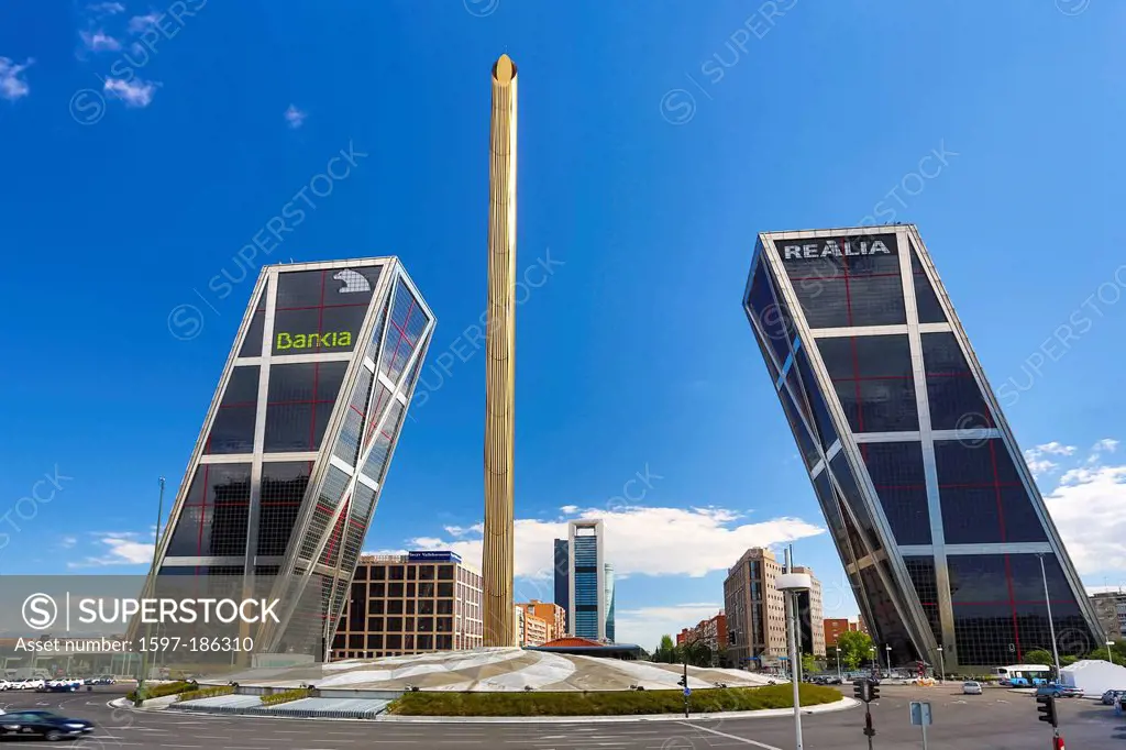 Castellana, Castilla, Castile, Madrid, architecture, avenue, city, glass, inclined, monument, skyscraper, building, Spain, Europe, square, tilted
