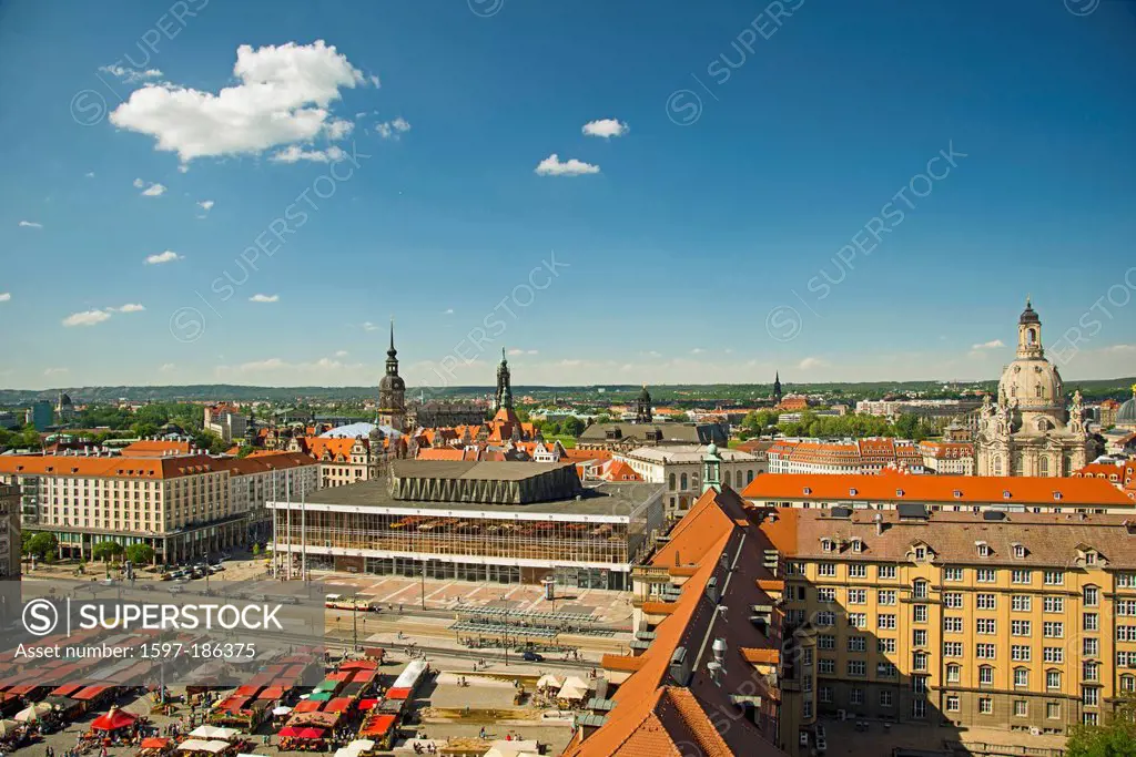 Old market, Germany, Dresden, Europe, Church of Our Lady, free state, Hausmannsturm, chapel royal, Hofkirche, church of the cross, church, cultural pa...