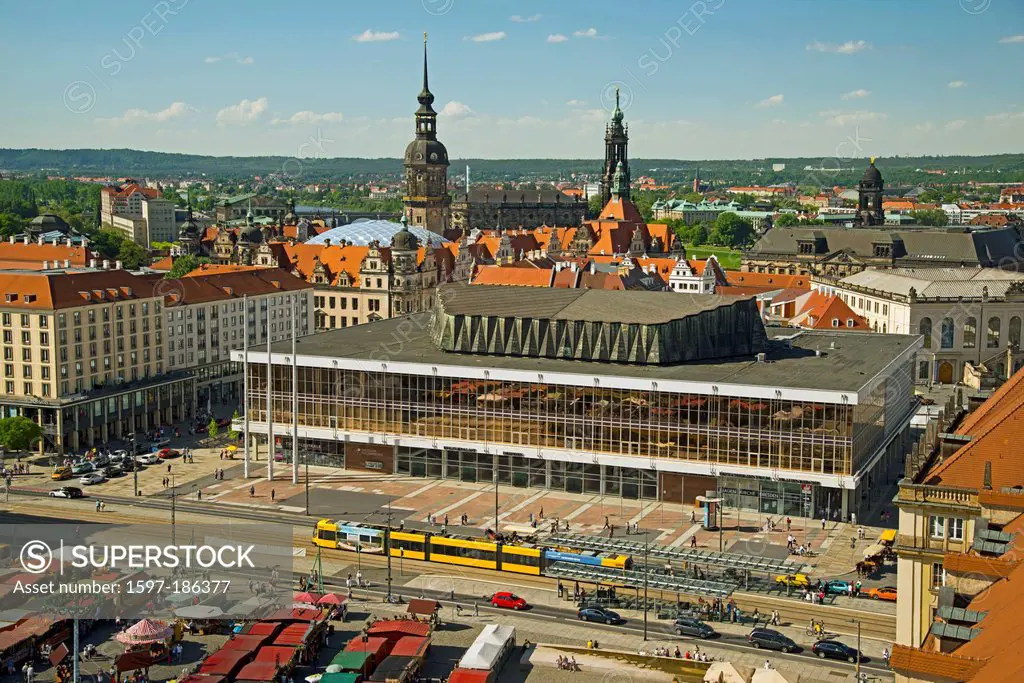 Old market, Germany, Dresden, Europe, free state, Hausmannsturm, chapel royal, Hofkirche, church of the cross, church, cultural palace, panorama, Saxo...