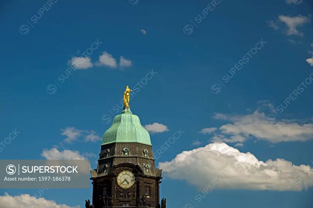Germany, Dresden, Europe, free state, golden, church of the cross, church, panorama, city hall, Rathausmann, city hall tower, Saxony,