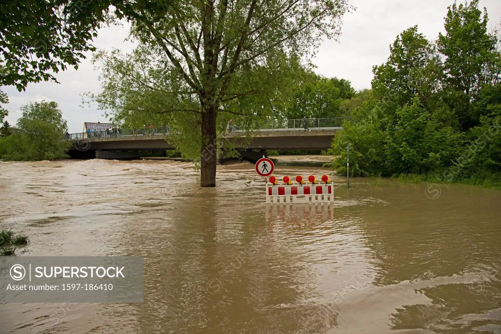Baden Wurttemberg, Germany, Danube inflow, Europe, high water, flood, Iller, Ulm, sign, shield,