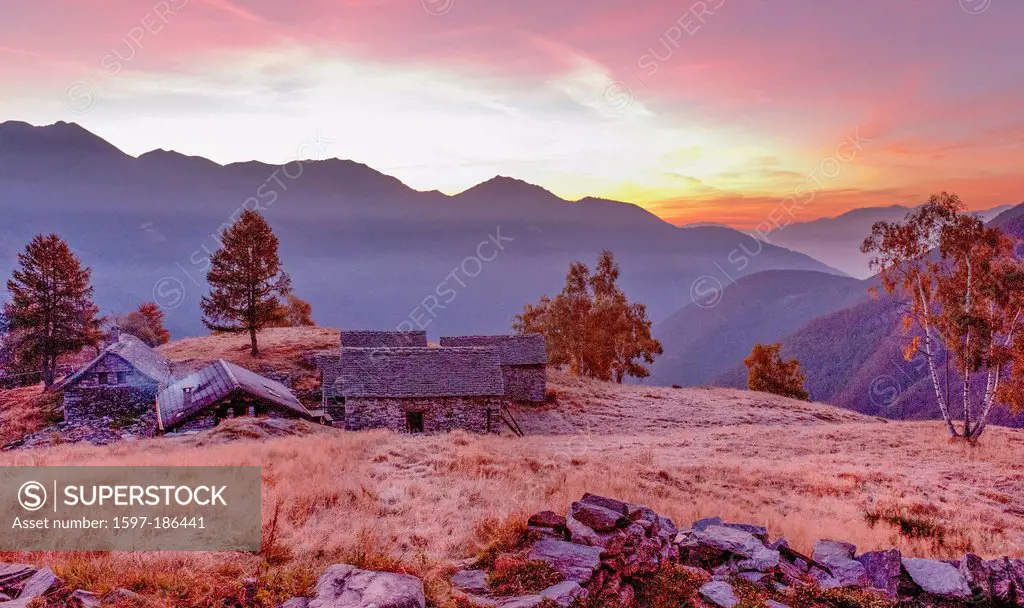 Switzerland, montains, autumn, landscape, agriculture, Maggia valley, morning mood, rustici, Rustico, house, home, stone house, Switzerland, sunrise, ...