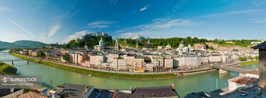 Austria, Austria, Salzburg, town, city, Neustadt, Mönchsberg, church, religion, faith, Franciscan, church, tower, towers, Salzach, river, flow, water,...