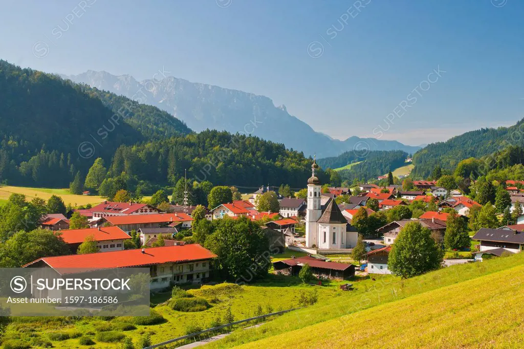 Germany, Europe, Bavaria, Upper Bavaria, Chiemgau, Aschau, Priental, Prien, sky, blue sky, meadow, grass, pasture, willow, agriculture, church, steepl...