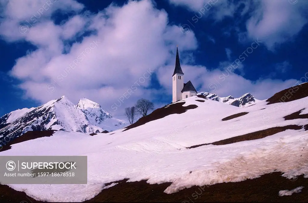 Church, Tenna, village, Piz Riein, mountain, snow, Safiental, Alps, Canton of Graubünden, Switzerland