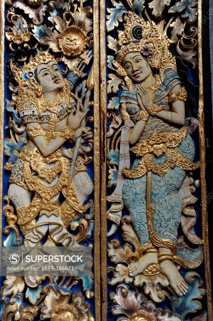 Asia, Indonesia, Bali, Ubud, wood, forest, monkey forest, temple, culture, Buddhist, detail, door, figures, art, skill, golden