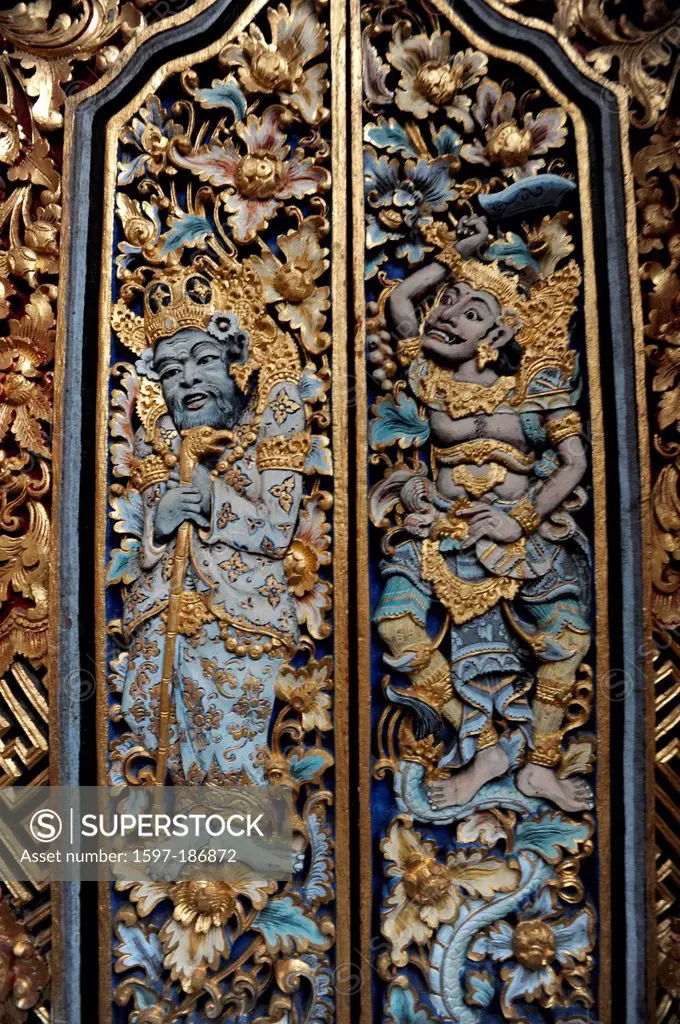 Asia, Indonesia, Bali, Ubud, wood, forest, monkey forest, temple, culture, Buddhist, detail, door, figures, art, skill, golden
