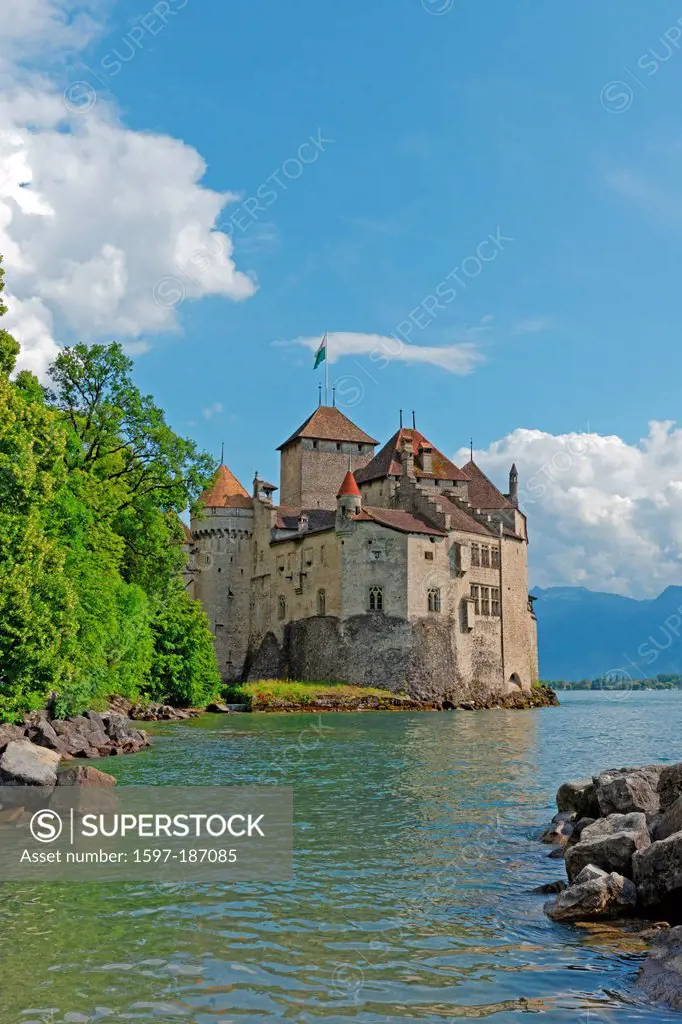 Europe, Switzerland, CH, Vaud, Veytaux-Chillon, Quai, Alfred Chalanat, Chillon castle, Chillon, architecture, trees, mountains, castles, buildings, co...