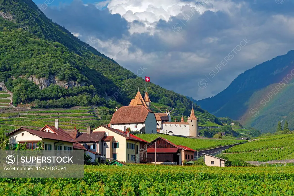 Europe, Switzerland, CH, Vaud, Aigle, Chemin du Golliez, castle, Aigle, castle, place, wine, vineyards, rainbows, architecture, trees, castles, fields...