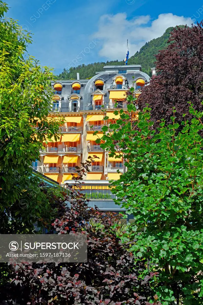 Europe, Switzerland, CH, Vaud, Montreux, Quai, Edouard-Jaccoud, hotel, Montreux Palace, mountains, place of interest, landmarks, tourism, trees, build...