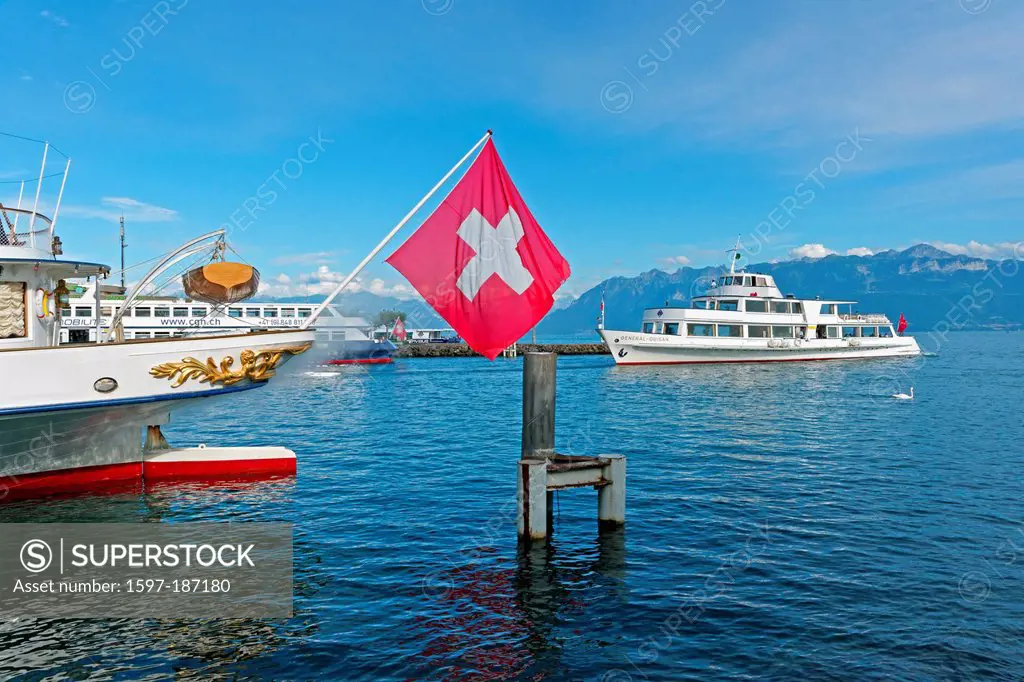 Europe, Switzerland, CH, Vaud, Lausanne, Ouchy, Quai, Jean-Pascal Delamuraz, ferry, boat, bicycle steamboat, LA SUISSE, MS LEMAN, MS GENERAL-GUISAN, l...