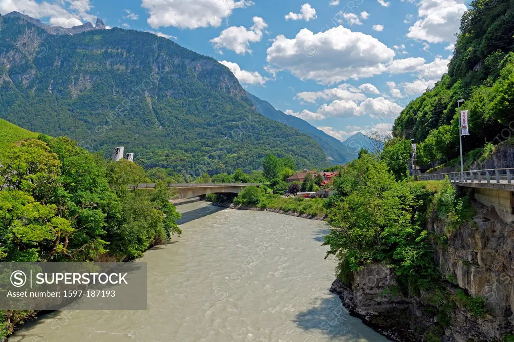 Europe, Switzerland, CH, Valais, Saint-Maurice, route du Chablais, river, flow, the Rhone, Rhone valley, trees, rivers, flows, rocks, scenery, landsca...
