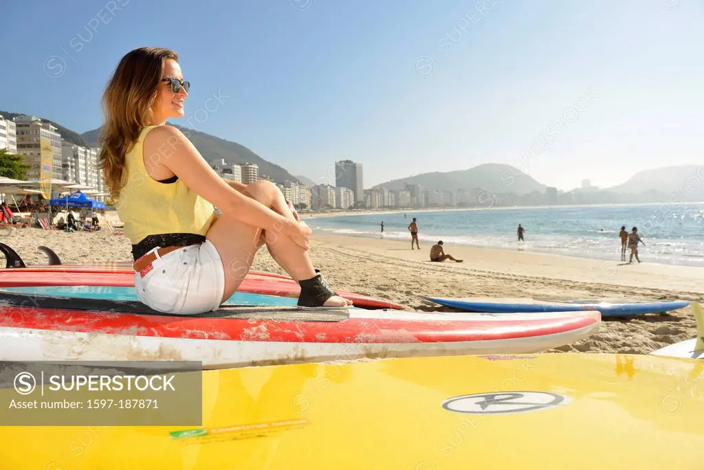 South America, Brazil, Rio de Janeiro, city, Rio, Copacabana, beach, girl, woman, surfboard, carioca, woman, model-released,