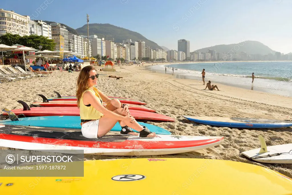 South America, Brazil, Rio de Janeiro, city, Rio, Copacabana, girl, woman, surfboard, board, beach, carioca, sugar loaf