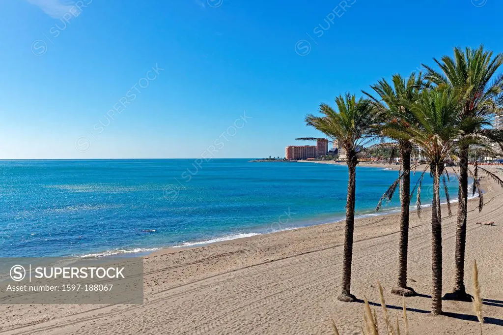 Europe, Spain, ES, Andalusia, Benalmadena Costa, Carretera Cadiz, palms, bay, beach, seashore, vacation, building, construction, trees, scenery, lands...
