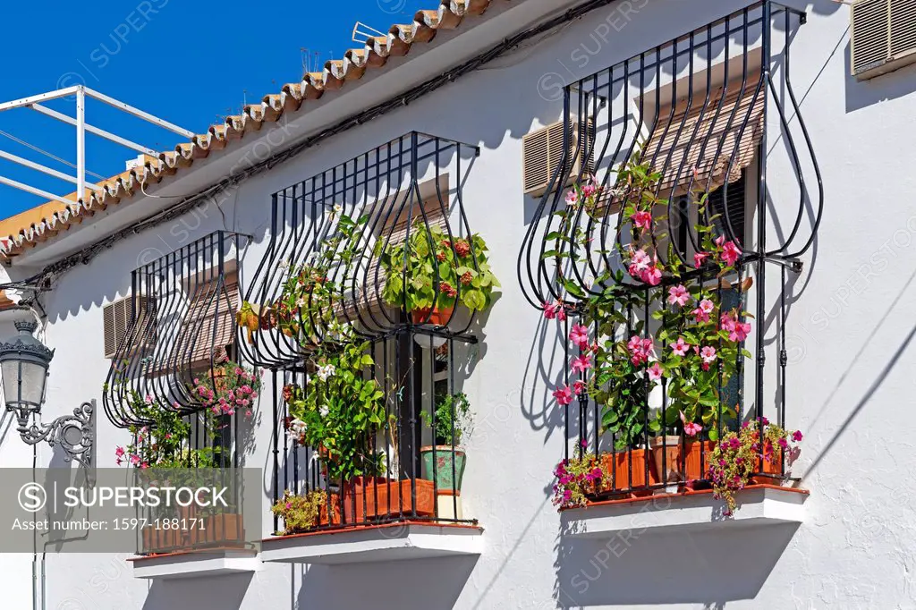 Europe, Spain, ES, Andalusia, Benalmadena Pueblo, Calle Marbella, typical, Andalusian, street view, architecture, flowers, decorations, buildings, con...