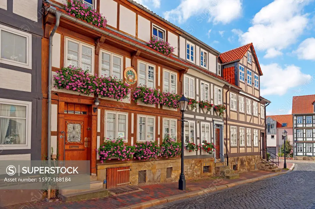 Europe, Germany, DE, Lower Saxony, Hildesheim, yellow star, historical, half-timbered houses, architecture, framework, building, construction, wooden ...