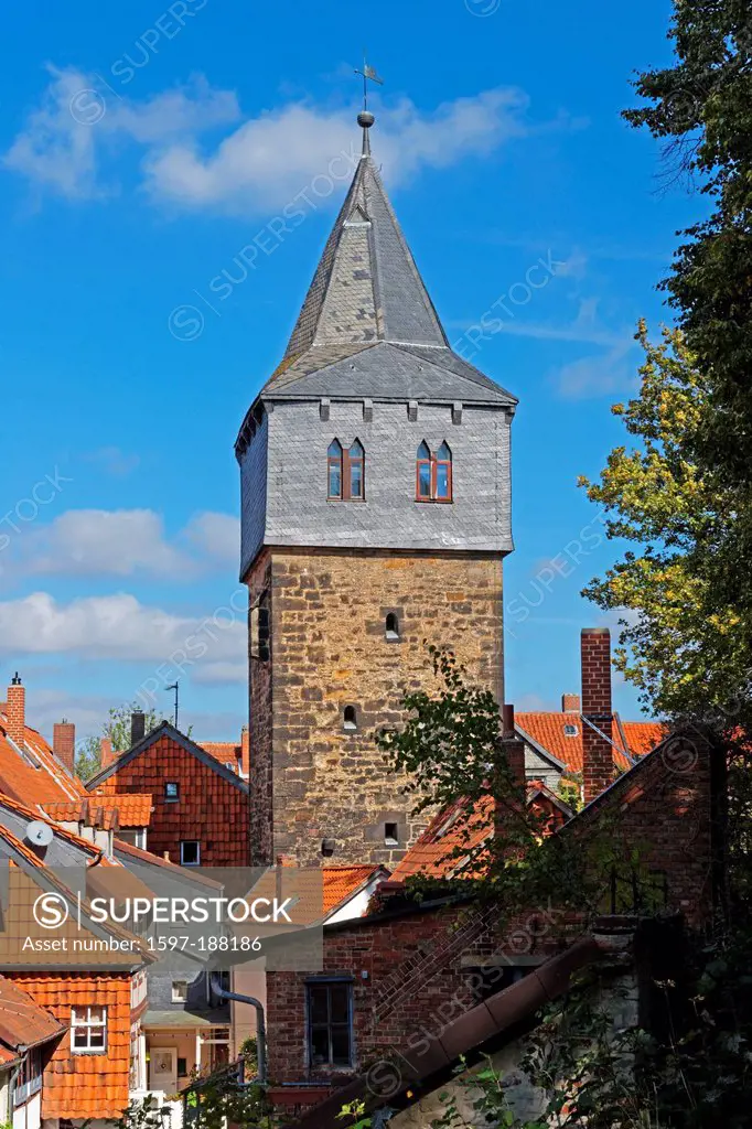Europe, Germany, DE, Lower Saxony, Hildesheim, Kehrwiederwall, historical, Kehrwiederturm, architecture, trees, buildings, constructions, historical, ...