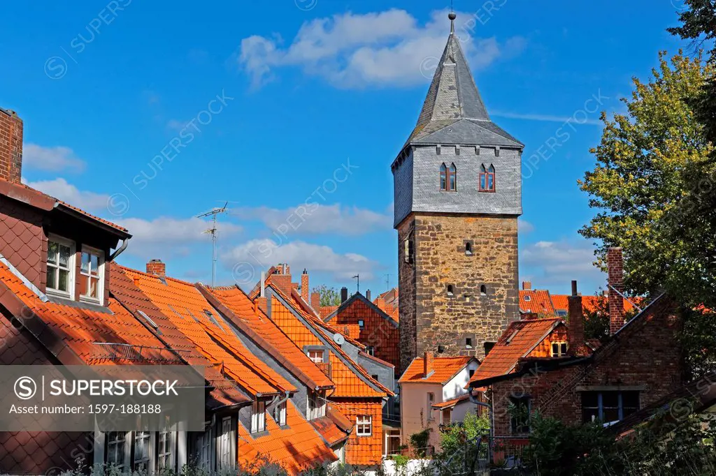 Europe, Germany, DE, Lower Saxony, Hildesheim, Kehrwiederwall, historical, Kehrwiederturm, architecture, trees, buildings, constructions, historical, ...