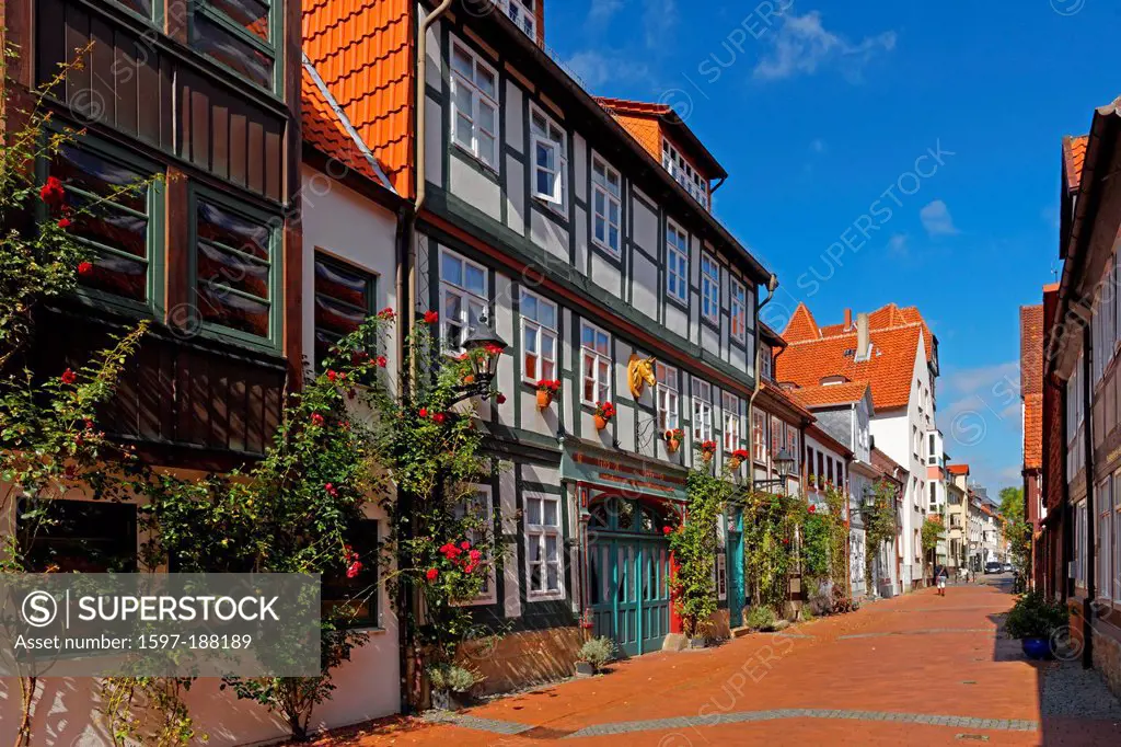 Europe, Germany, DE, Lower Saxony, Hildesheim, Knollenstrasse, street view, architecture, flowers, framework, building, construction, lanterns, plants...