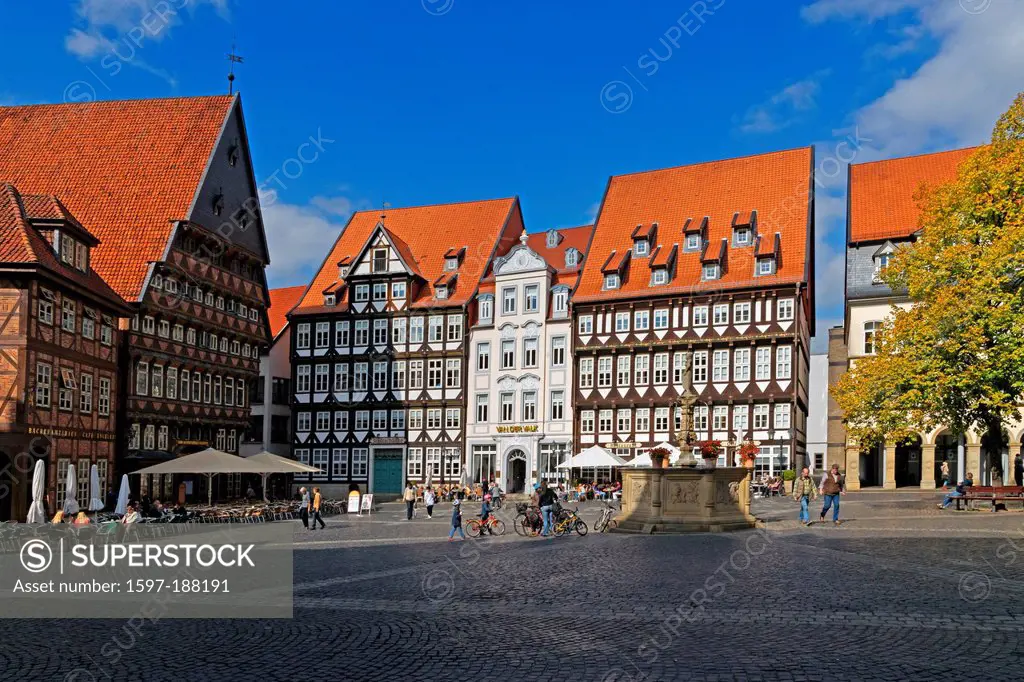 Europe, Germany, DE, Lower Saxony, Hildesheim, market, marketplace, half-timbered houses, rococo house, guild house, Roland, well, town museum, butche...