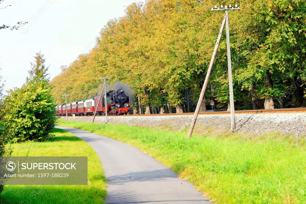 Europe, Germany, DE, Mecklenburg-West Pomerania, Bad Doberan, country road, railway train, Molli, trees, railroads, vehicles, vessels, scenery, landsc...
